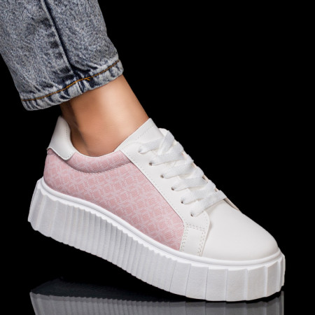 Pantofi sport dama alb cu roz cu model si siret MOD06312, 3, modlet.ro