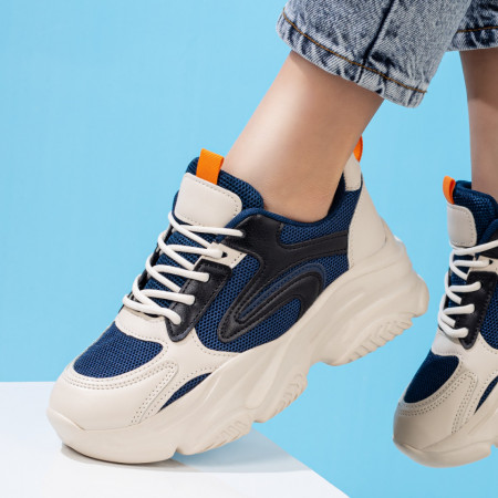 Adidasi dama, Pantofi sport dama albastri cu bej si talpa groasa MOD08200, modlet.ro
