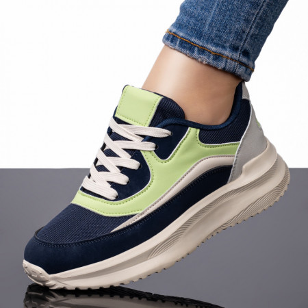 Pantofi sport dama albi cu albastru inchis si verde cu siret si talpa groasa MDL08198
