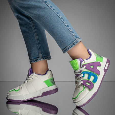 Pantofi sport dama albi cu mov si verde MOD11666, 3, modlet.ro