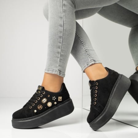 Pantofi sport dama cu accesorii decorative negru suede MOD13952