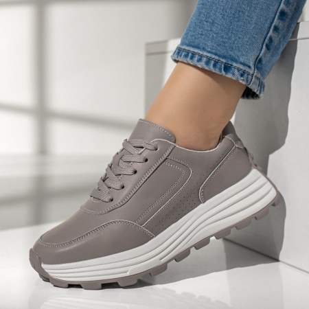 Adidasi dama, Pantofi sport dama cu siret gri din Piele naturala MOD12976, modlet.ro