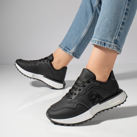 REDUCERI INCALTAMINTE, Pantofi sport dama cu siret si aplicatii cu pietre negri MOD11768, modlet.ro