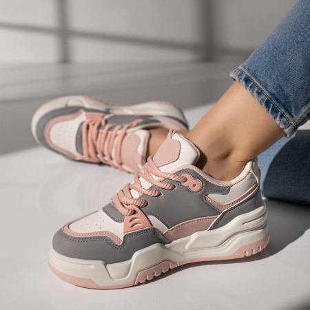 REDUCERI INCALTAMINTE, Pantofi sport dama cu siret si talpa groasa albi cu roz MOD11760, modlet.ro