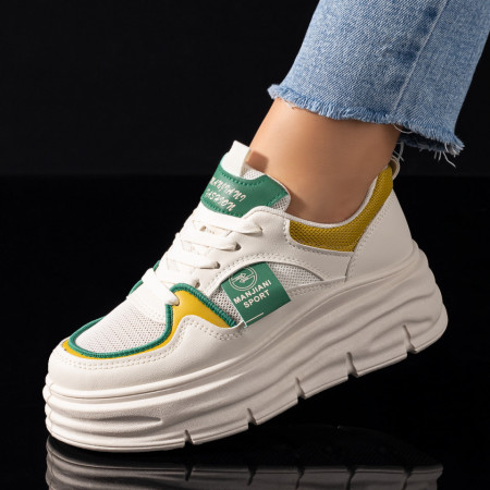 Adidasi dama, Pantofi sport dama cu siret si talpa groasa bej cu verde MOD09492, modlet.ro