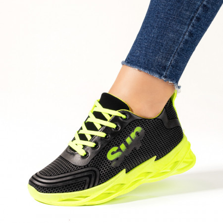 Adidasi dama, Pantofi sport dama cu siret si talpa groasa negri cu verde MOD10169, modlet.ro