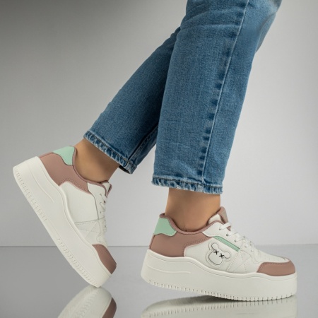 Adidasi dama, Pantofi sport dama cu talpa groasa alb cu roz MOD12997, modlet.ro