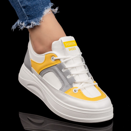 Pantofi sport dama cu talpa groasa albi cu galben si gri MOD07827, 2, modlet.ro