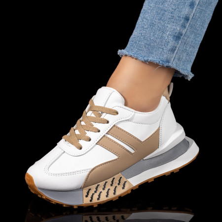 Adidasi dama, Pantofi sport dama cu talpa groasa albi cu khaki MOD09898, modlet.ro