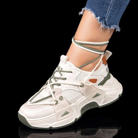 Adidasi dama, Pantofi sport dama cu talpa groasa albi cu khaki MOD10436, modlet.ro