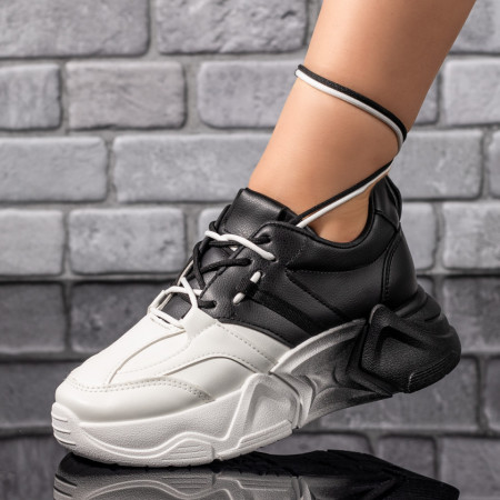 Plateste Jumatate!, Pantofi sport dama cu talpa groasa albi cu negru MOD09707, modlet.ro