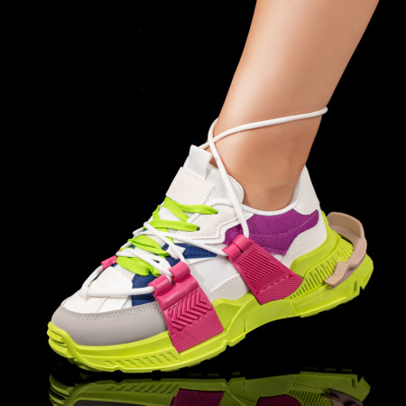 REDUCERI INCALTAMINTE, Pantofi sport dama cu talpa groasa albi cu verde si roz ZEF09410 - zeforia.ro