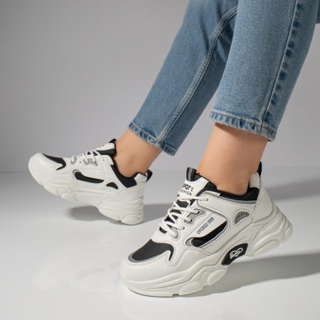 Plateste Jumatate!, Pantofi sport dama cu talpa groasa albi MOD11786, modlet.ro