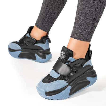 Adidasi dama, Pantofi sport dama cu talpa groasa negri cu albastru suede MOD10071, modlet.ro