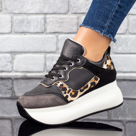 Adidasi dama, Pantofi sport dama cu talpa groasa negri cu print MOD10417, modlet.ro