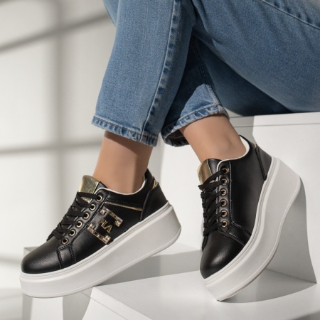 Adidasi dama, Pantofi sport dama cu talpa groasa negru cu auriu MOD12969, modlet.ro