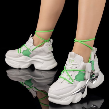 Pantofi sport dama cu talpa groasa si accesoriu detasabil albi cu verde ZEF09778, 3, zeforia.ro