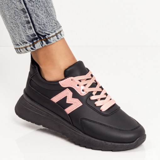 Reduceri incaltaminte dama, Pantofi sport negru cu roz dama cu siret si talpa groasa ZEF06310 - zeforia.ro