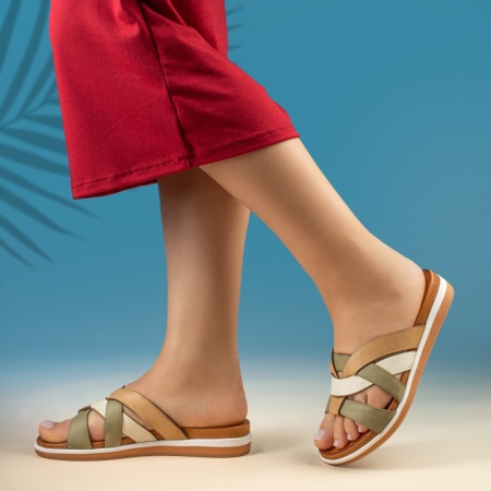 Papuci casual dama verde cu maro din Piele naturala MOD13778