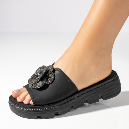 Papuci si slapi dama, Papuci dama cu model floral si pietre aplicate negri MOD11367, modlet.ro