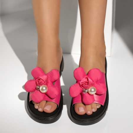 Papuci dama cu talpa groasa si model floral roz MOD11434
