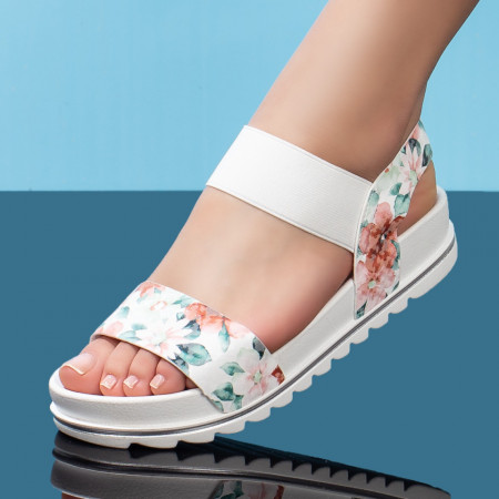 Sandale cu platforma, Sandale cu talpa groasa dama cu imprimeu si elastic albe ZEF08230 - zeforia.ro