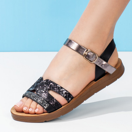 Sandale joase dama, Sandale cu talpa joasa dama negre si aplicatie cu pietre MOD08236, modlet.ro