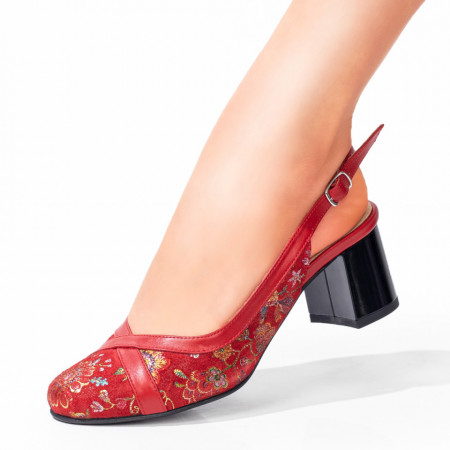 Sandale cu toc, Sandale cu toc gros si imprimeu floral rosii din Piele naturala ZEF07641 - zeforia.ro
