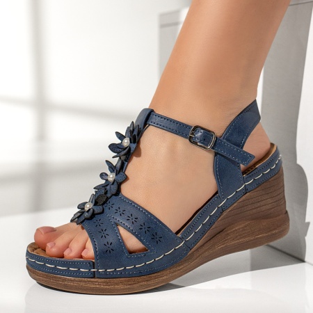 Incaltaminte dama, Sandale dama cu platforma si model floral albastre MOD11582, modlet.ro