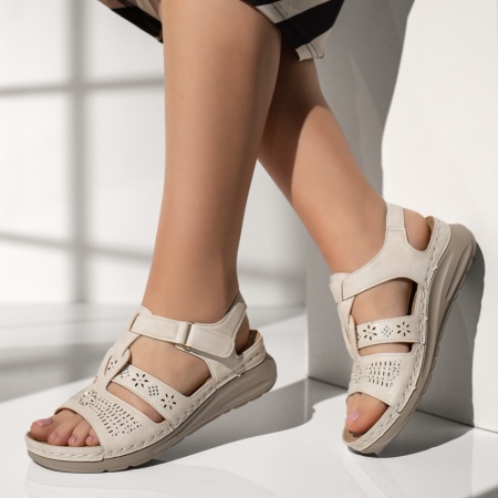 Sandale dama cu platforma si perforatii bej MOD13385, 2, modlet.ro