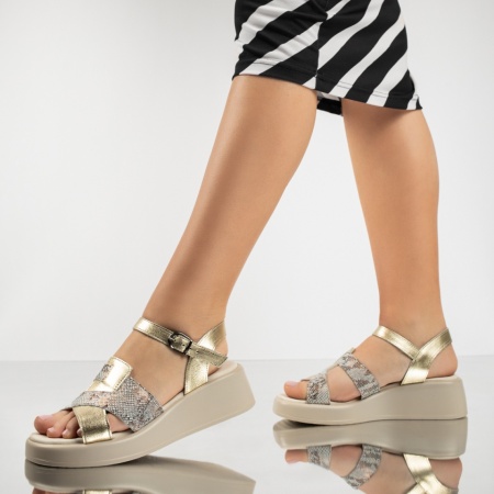Sandale dama cu platforma si print aurii din Piele naturala MOD13626, 3, modlet.ro