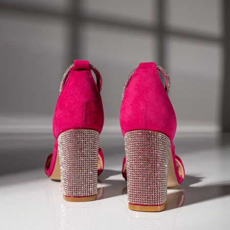 Sandale dama cu toc gros si aplicatie de strasuri roz suede MOD11432, 2, modlet.ro