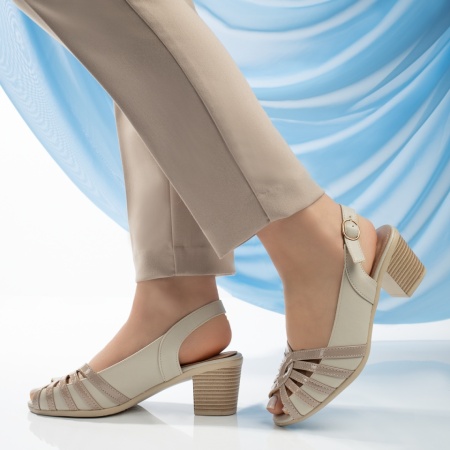 Sandale cu toc, Sandale dama cu toc gros si bareta bej MOD13338, modlet.ro