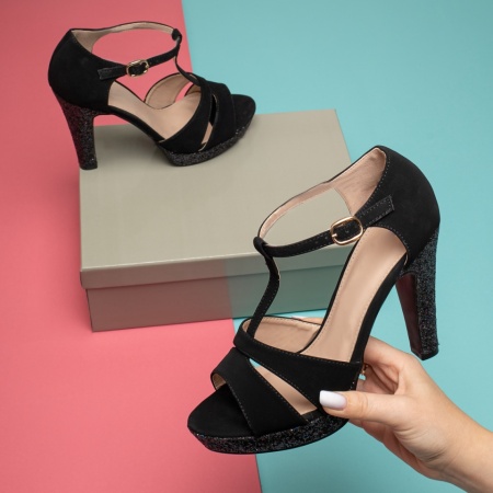 Sandale cu toc si platforma, Sandale dama cu toc gros si bareta negru suede MOD11993, modlet.ro