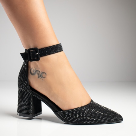 Sandale cu toc, Sandale dama cu toc gros si strasuri negre MOD11713, modlet.ro