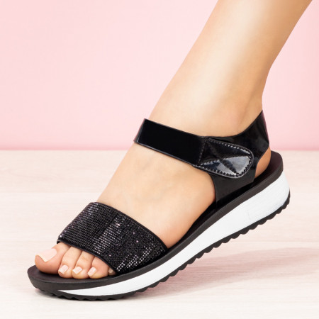 Sandale cu platforma, Sandale dama negre cu insertie de pietre negre MOD08398, modlet.ro