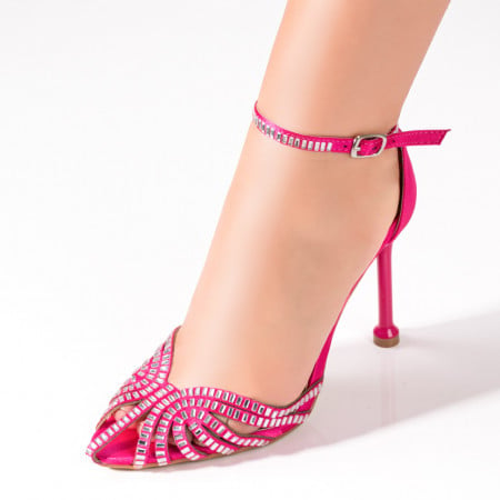 Sandale cu toc, Sandale dama roz cu toc subtire si strasuri aplicate ZEF09380 - zeforia.ro