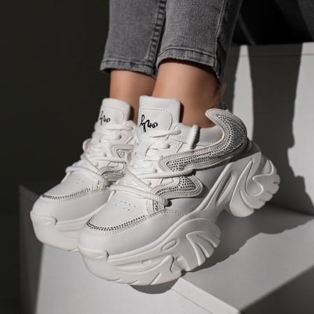 Sneakers dama albi cu siret si talpa groasa MOD11730
