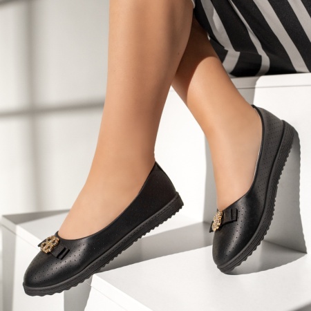 Balerini si Mocasini Dama, Balerini dama cu accesoriu metalic negri ZEF13570, zeforia.ro