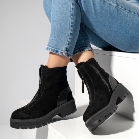 Ghete Dama, Bocanci dama cu fermoar negru suede din Piele naturala MOD14100, modlet.ro