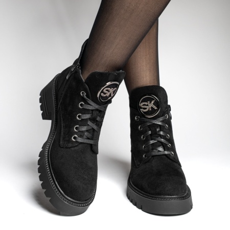 Bocanci dama cu siret si accesoriu decorativ negru suede MOD12608, 3, modlet.ro