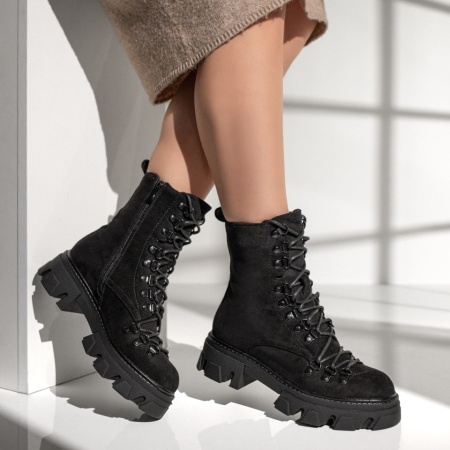 Bocanci dama cu siret si fermoar negru suede MOD12642, 3, modlet.ro