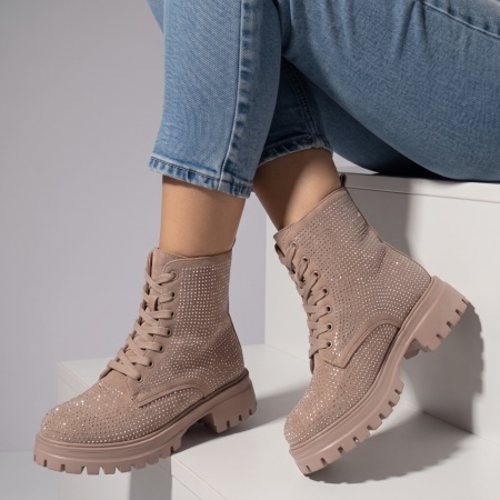 Bocanci dama cu strasuri aplicate khaki deschis suede MOD10713, 2, modlet.ro