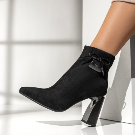 Botine cu Toc, Botine dama cu toc gros negre suede din Piele naturala MOD13984, modlet.ro