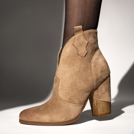 Botine dama, Botine dama cu toc gros si fermoar khaki suede MOD12639, modlet.ro
