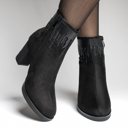 Botine dama cu toc gros si imprimeu negru suede MOD12373, 2, modlet.ro