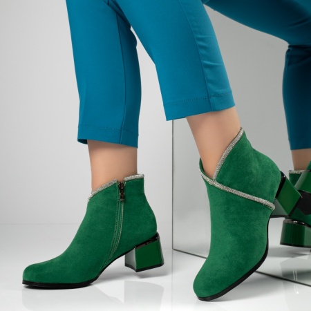 Botine dama cu toc gros si strasuri aplicate verde suede MOD12594, 2, modlet.ro