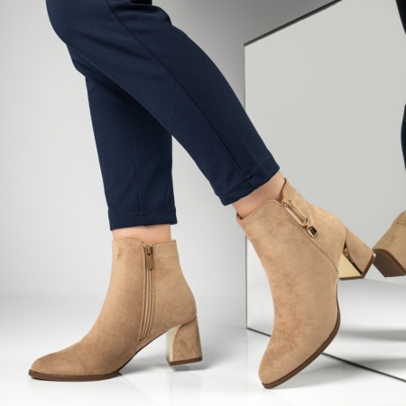 Botine dama cu toc si accesoriu decorativ khaki suede MOD12883, 2, modlet.ro