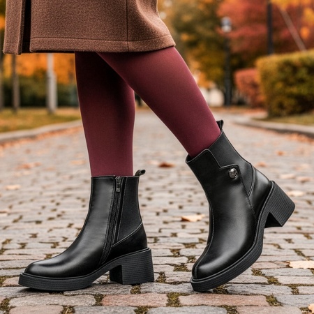 Cizme dama cu toc gros si insertie de material elastic negre din Piele naturala MOD14072, 2, modlet.ro