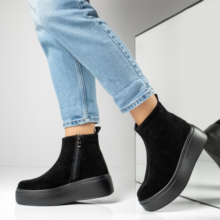 Cizme dama, Cizme scurte dama cu platforma si fermoar negre suede din Piele naturala MOD14013, modlet.ro